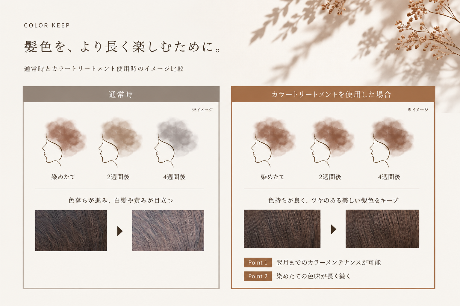 カラートリートメント使用時の髪色維持イメージ